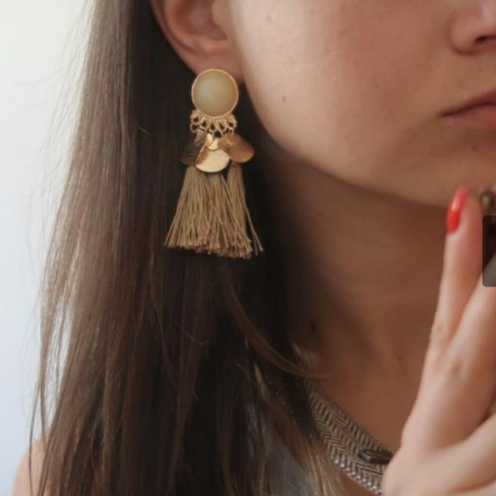 Moonstone Boho Gold Tassel Earrings - Picture 4 of 8